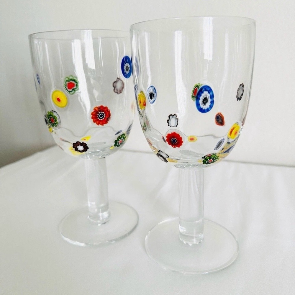 Vintage Set of 2 Leonardo Millefiori Murano Hand Made Blown Wine Glasses